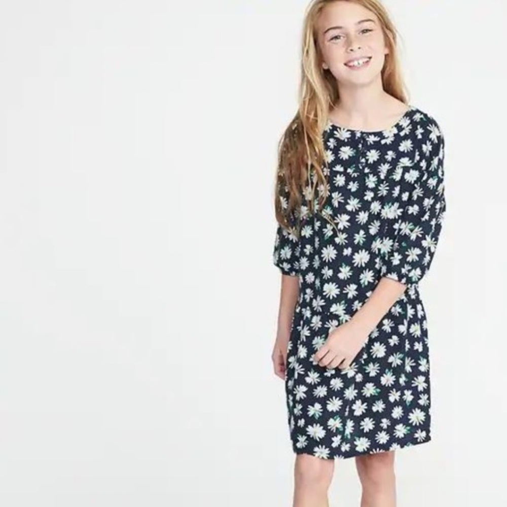 Old Navy Floral Daisy Print Swing Dress Navy Linen Blend Summer Youth Girls XL